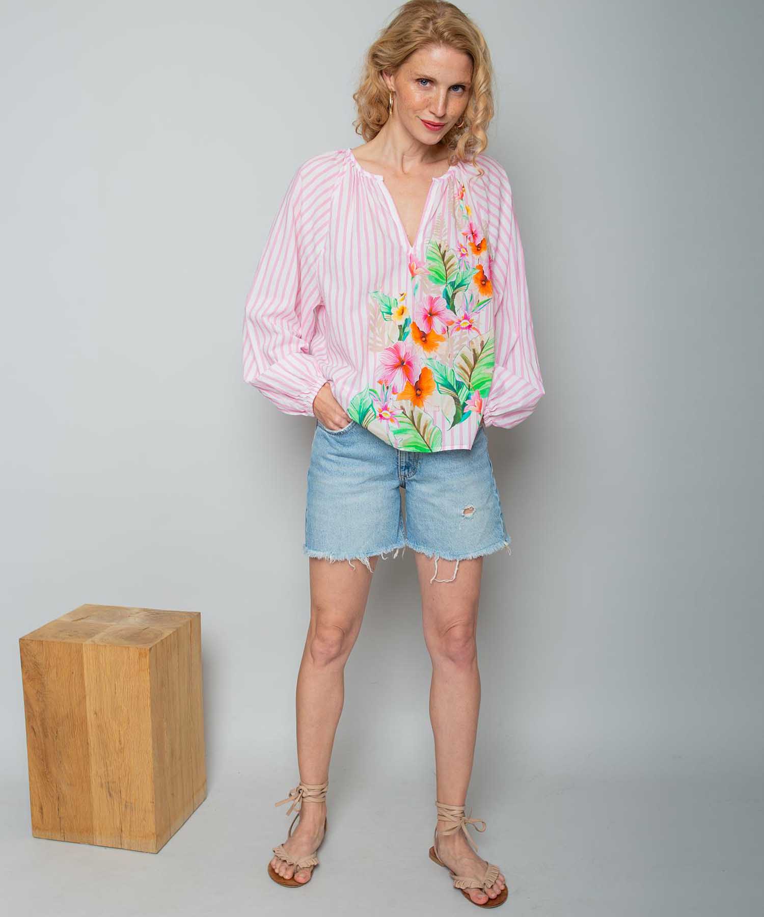 Emily van den Bergh Damenbluse mit Streifen und Flower-Print