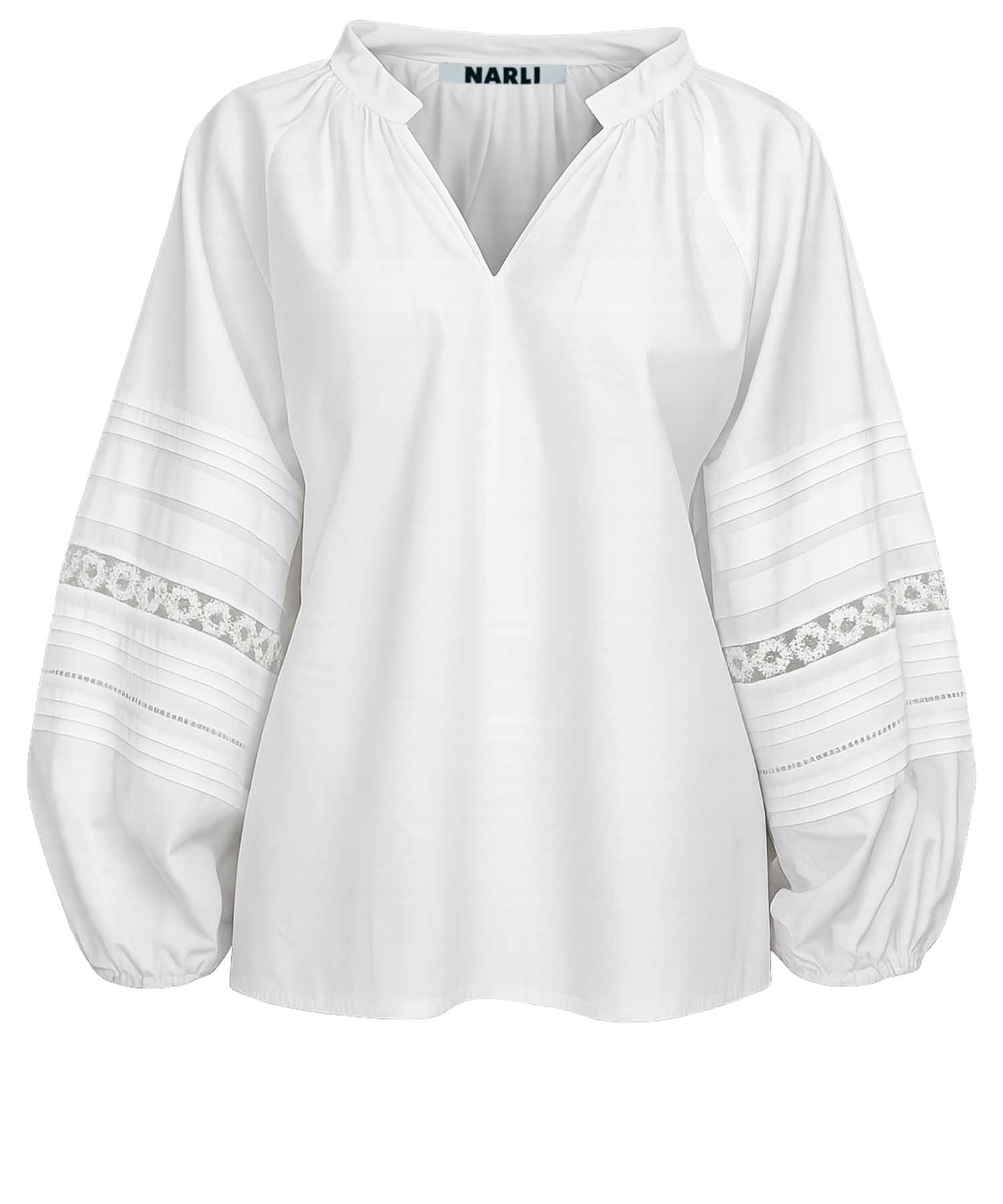 NARLI COLLECTION Baumwollbluse in Weiß mit Spitze und Biesen