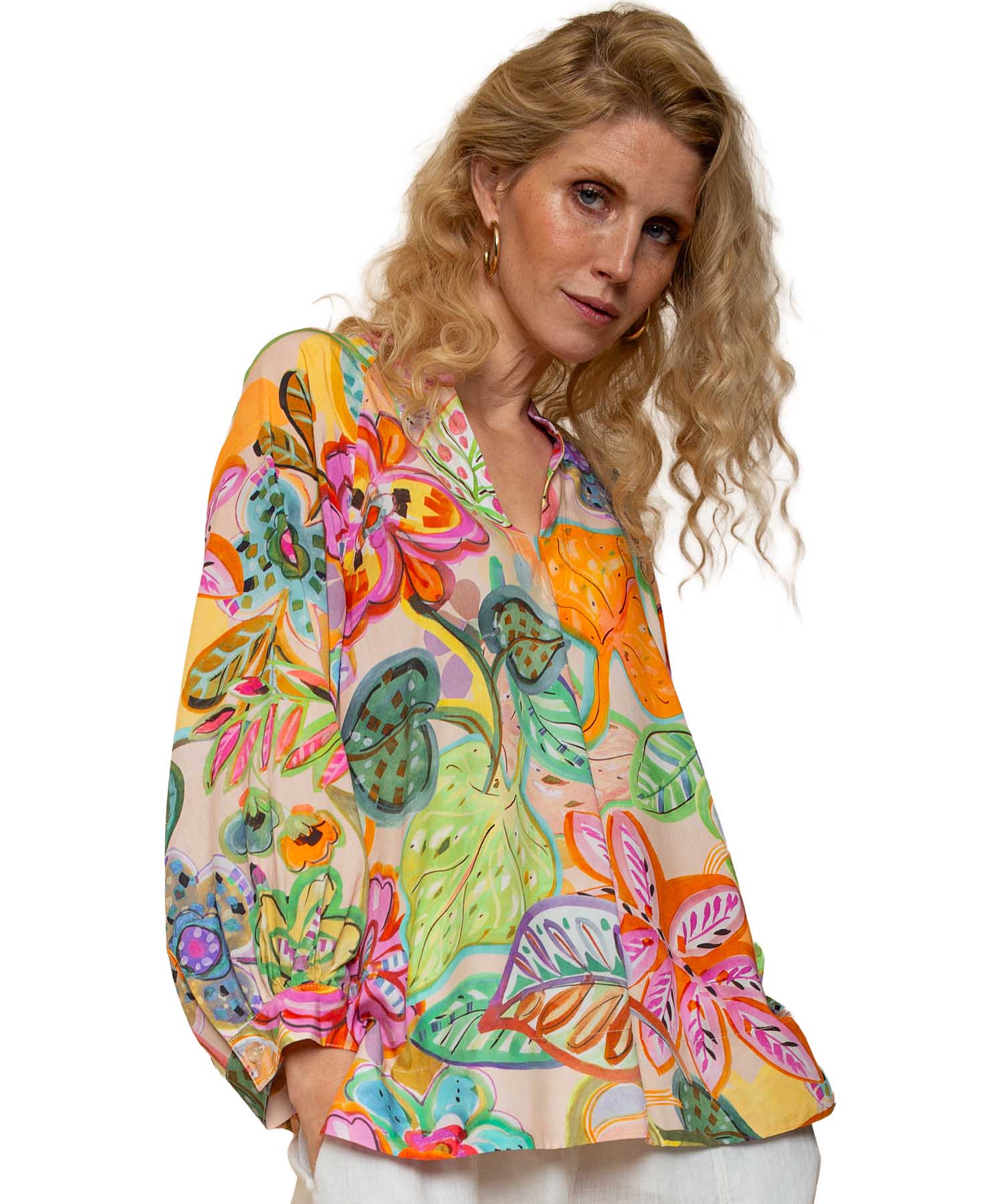 Emily van den Bergh Tunika Bluse aus reiner Viskose mit Multicolour Flower Print | Modehaus Wörmann