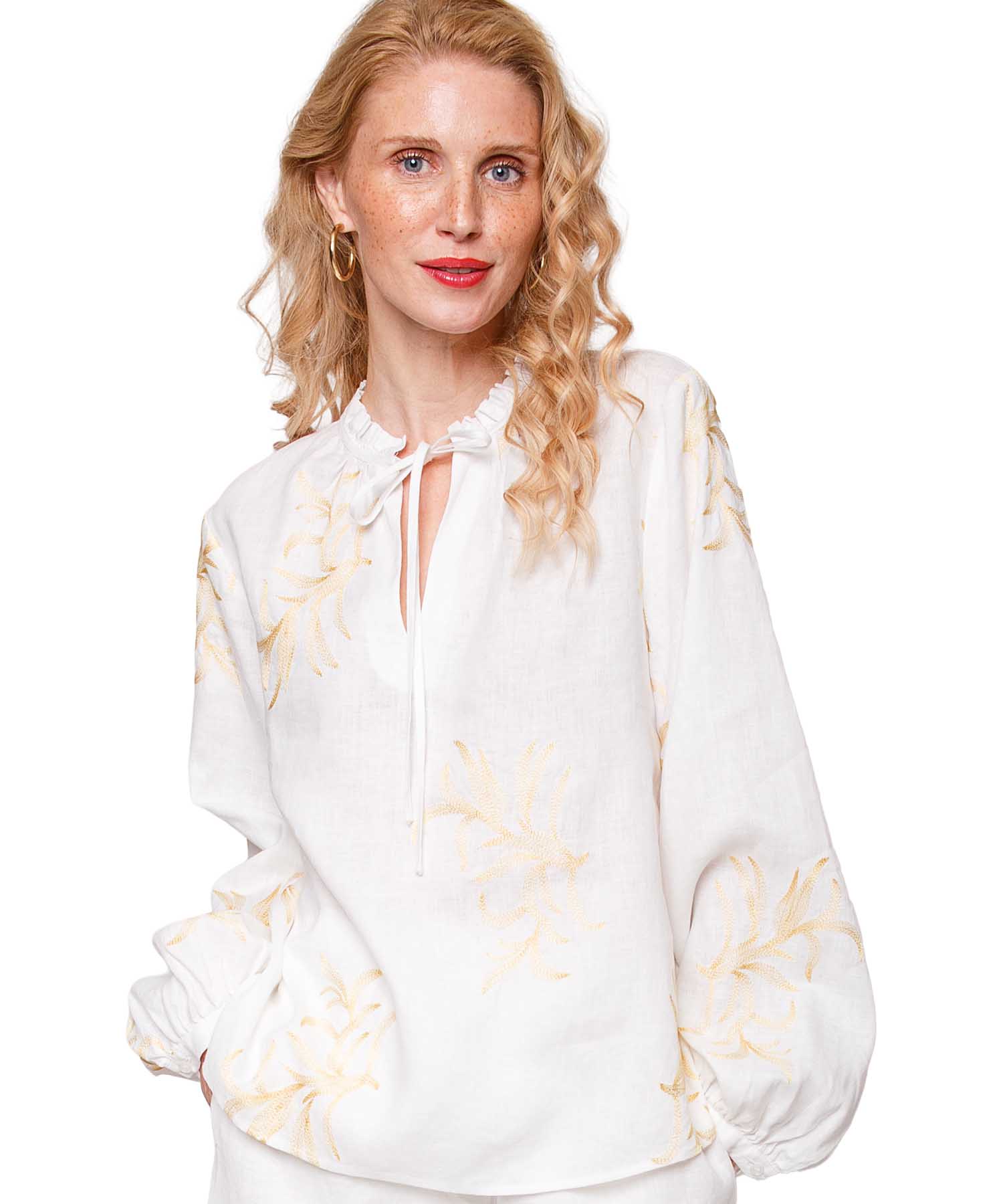 Emily van den Bergh Shirtbluse aus reinem Leinen in Offwhite mit Blätter-Stickerei | Modehaus Wörmann