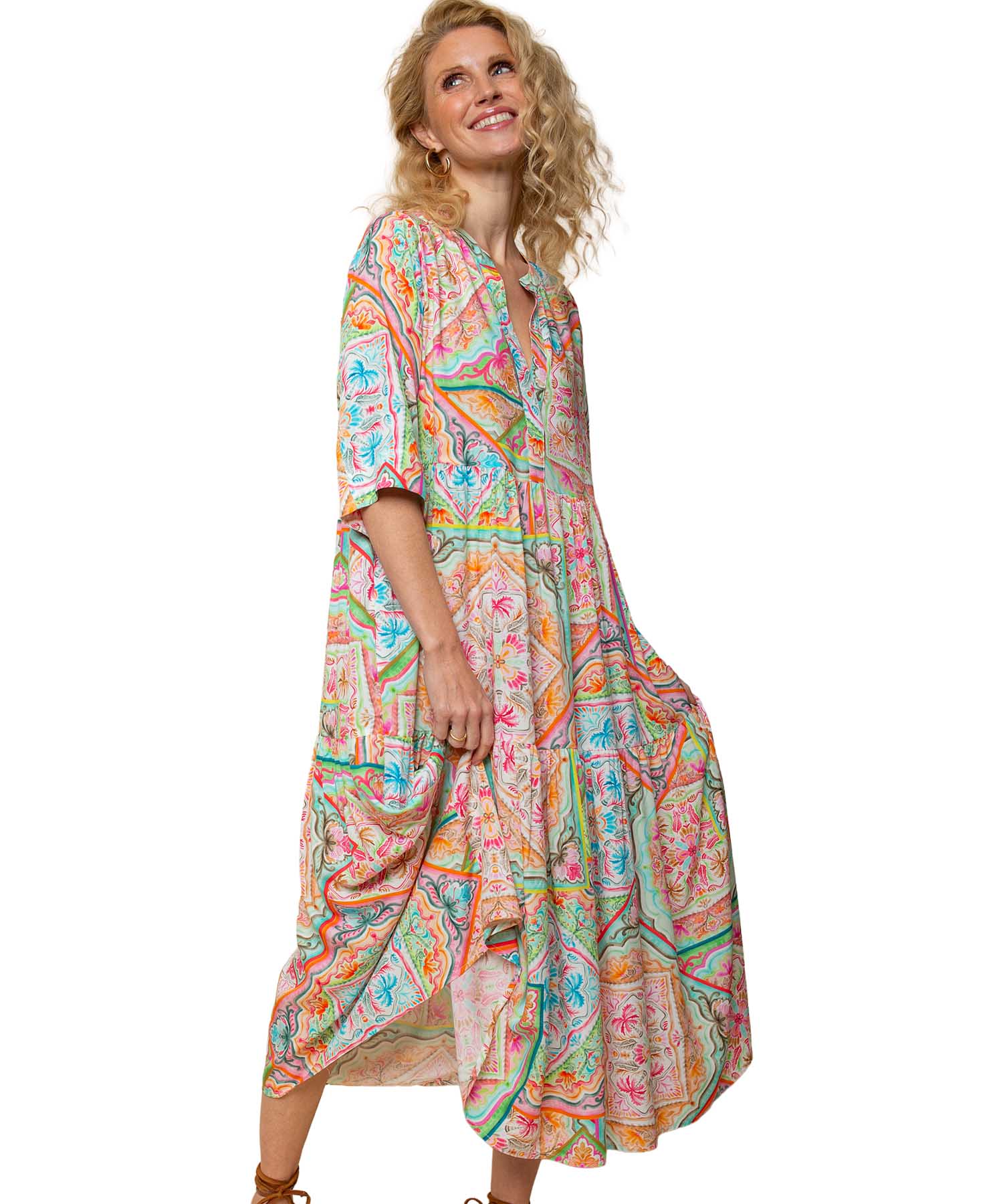 Emily van den Bergh Boho Stufenkleid aus reiner Viskose mit Multicolour Tuch Print | Modehaus Wörmann