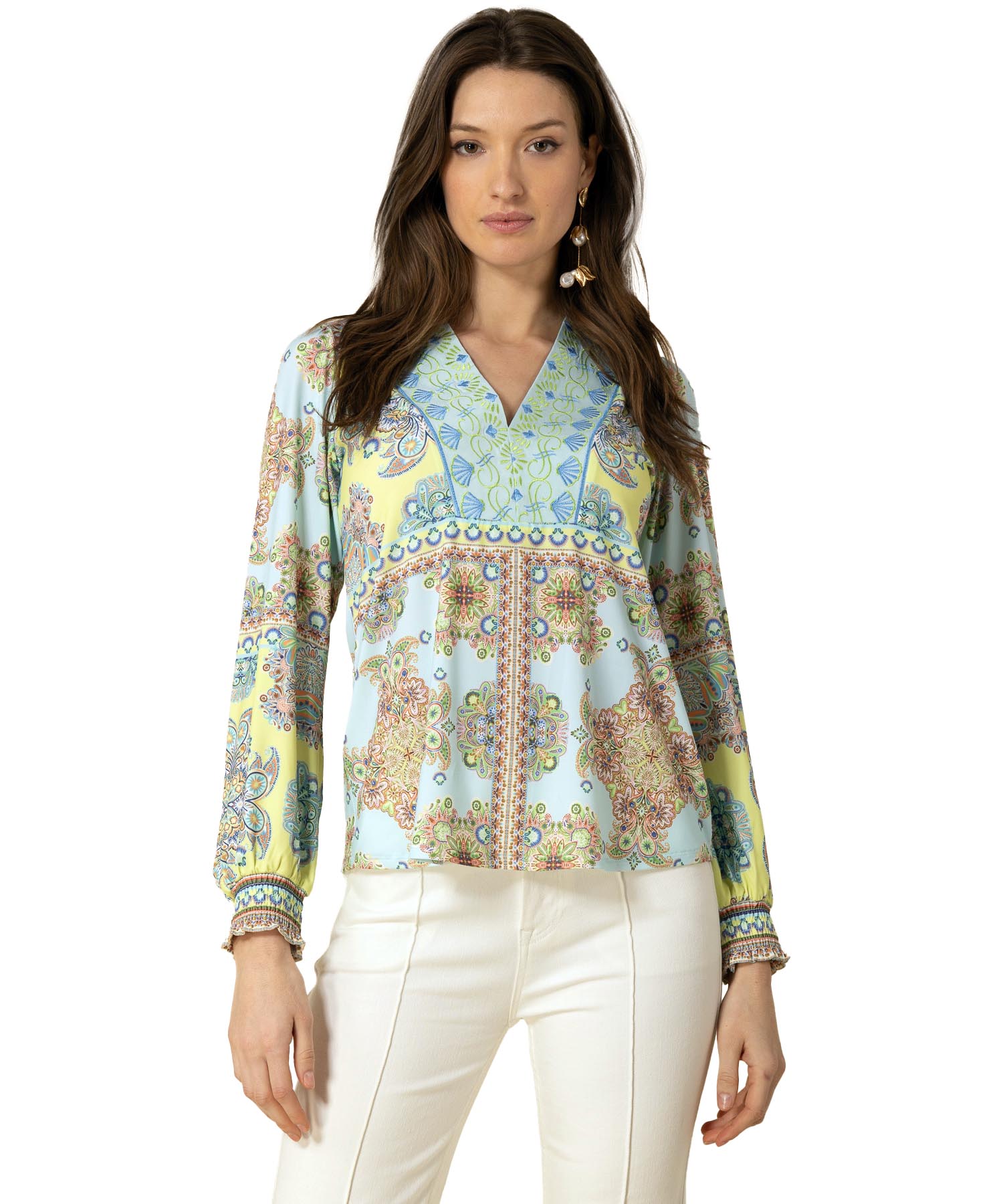 Hale Bob Shirtbluse mit V-Ausschnitt und Stickerei in Travelqualität