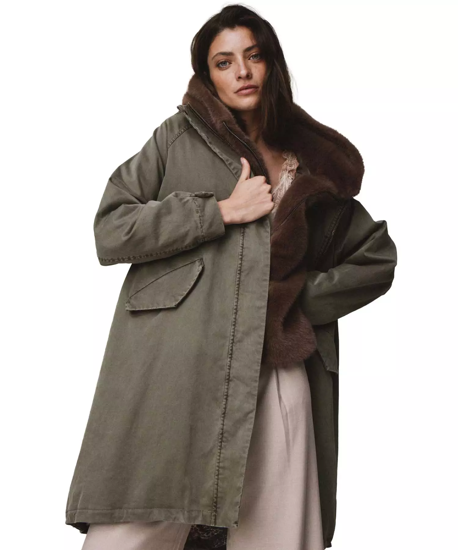 Blonde No. 8 Parka Emma in khaki mit Webpelzbesatz