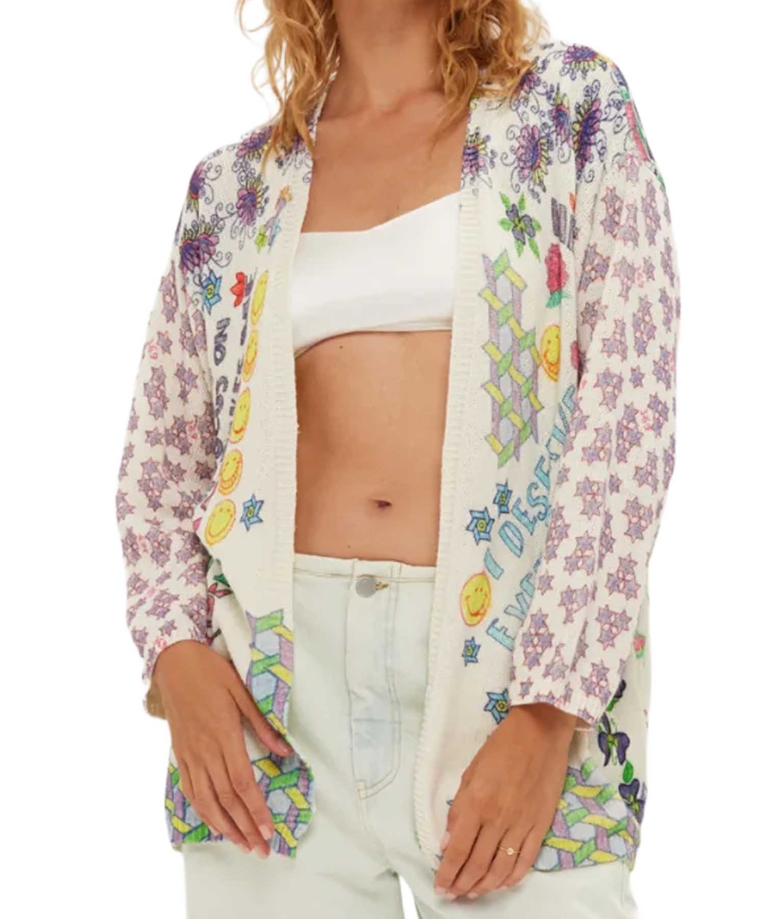 ME369 Mykonos Markers Cardigan – farbenfrohe Statement-Strickjacke mit künstlerischem Charakter