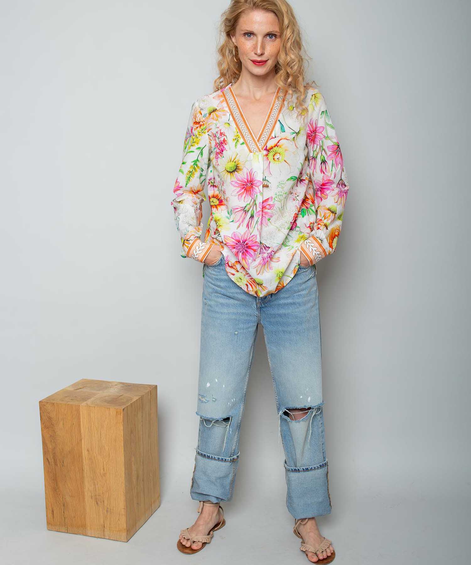 Emily van den Bergh Bluse mit Blumenprint und Bordüre