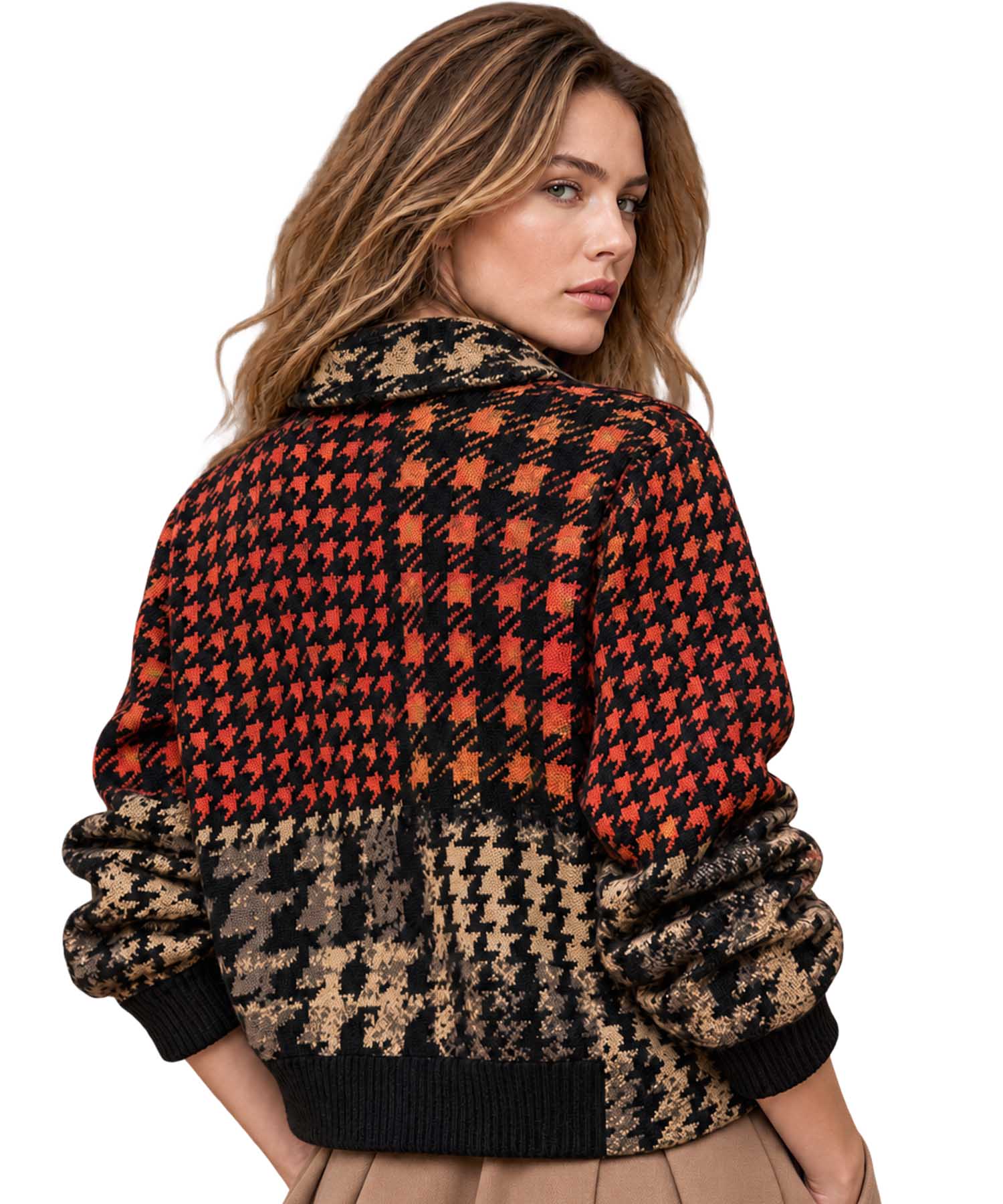 Aldo Martins Jacquard-Strick-Jacke Hahnentritt in Schwarz, Rot & Braun | Modehaus Wörmann