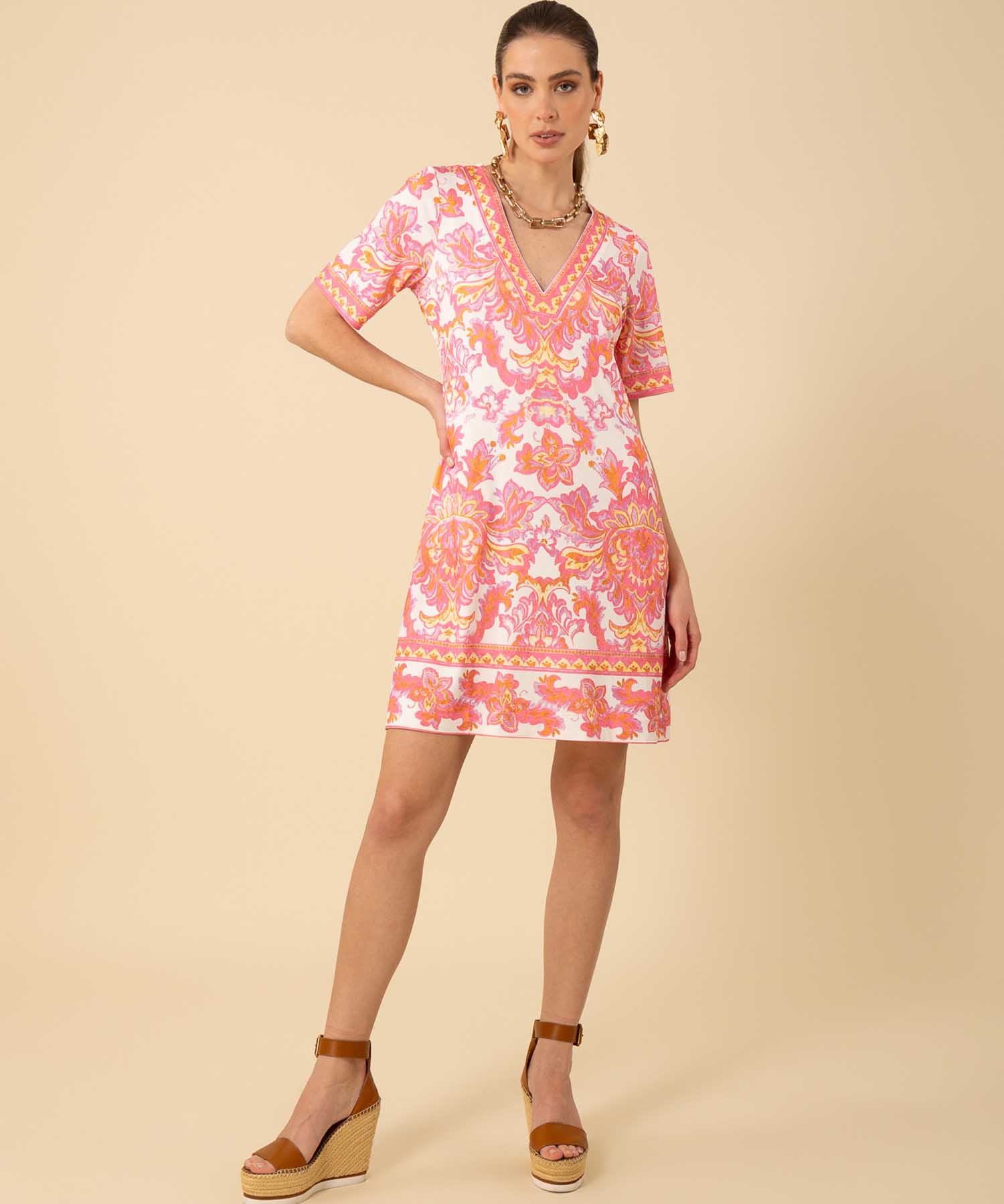 Hale Bob Kleid Bethany mit V-Ausschnitt und grafischem Blumendruck