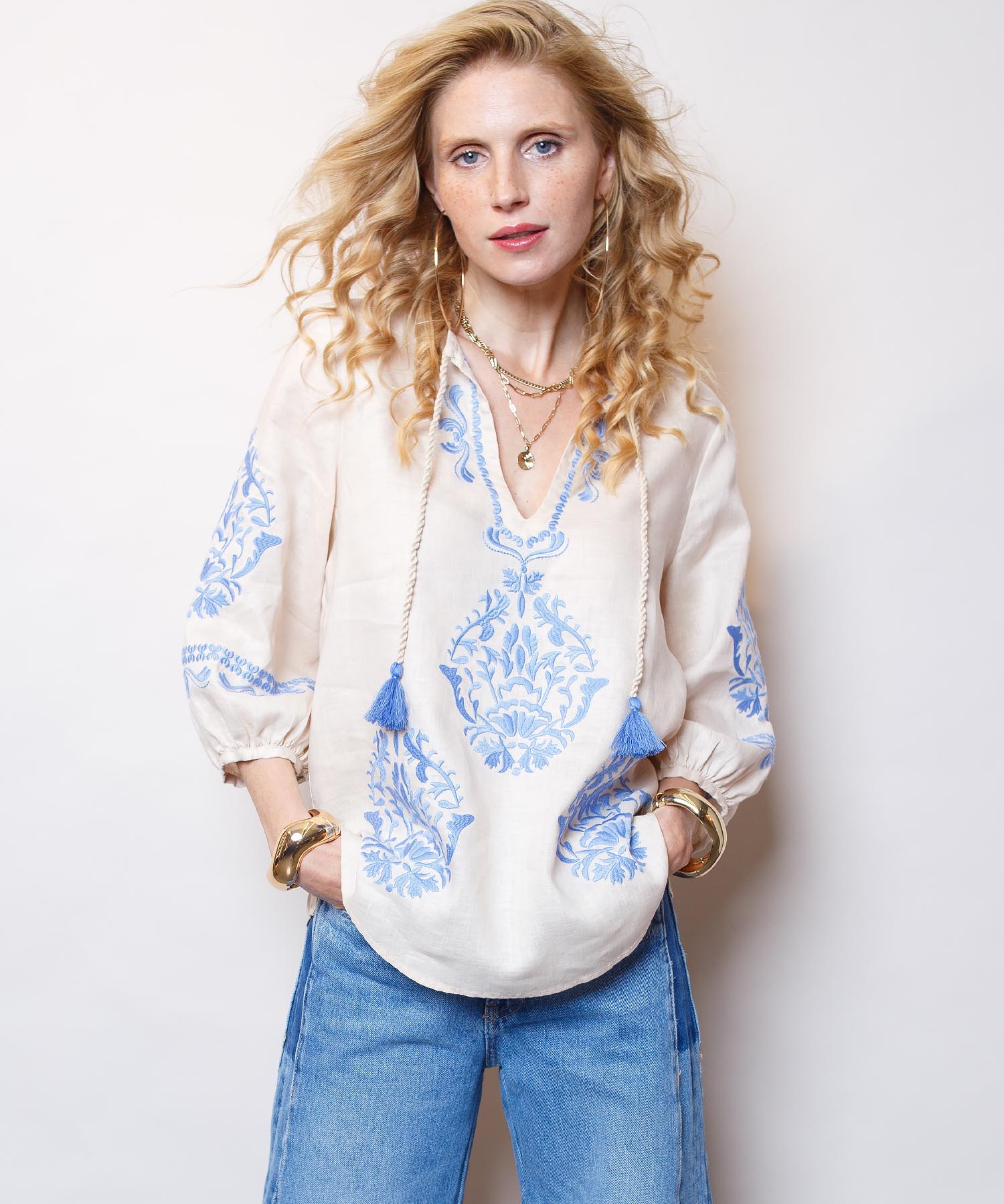 Emily van den Bergh lässige Shirtbluse mit Stickerei aus Leinen