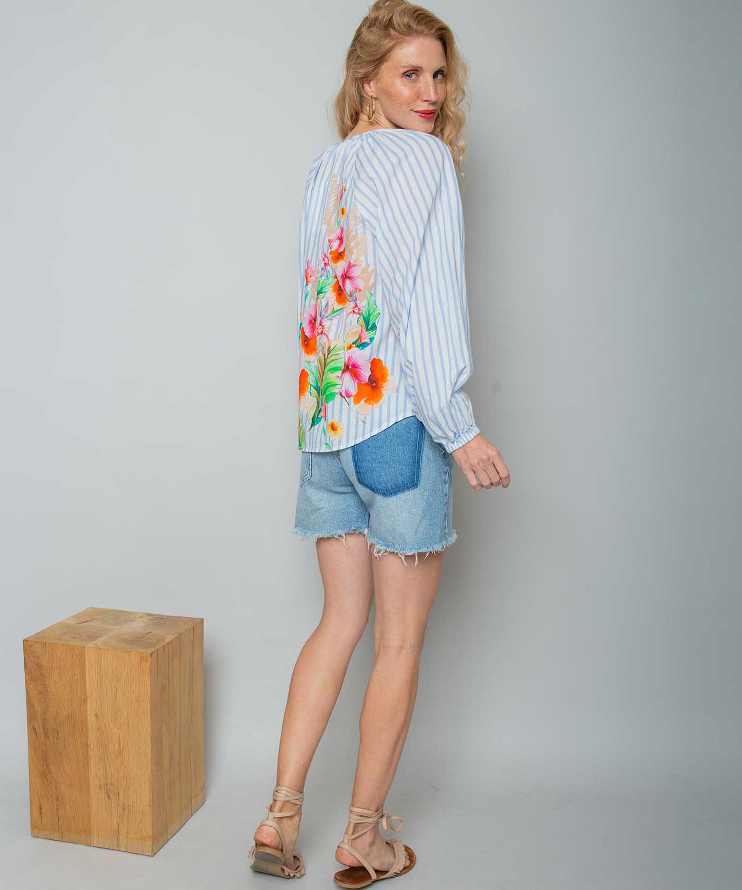 Emily van den Bergh Shirtbluse aus reiner Baumwolle mit Blumenprint und Streifen | Modehaus Wörmann
