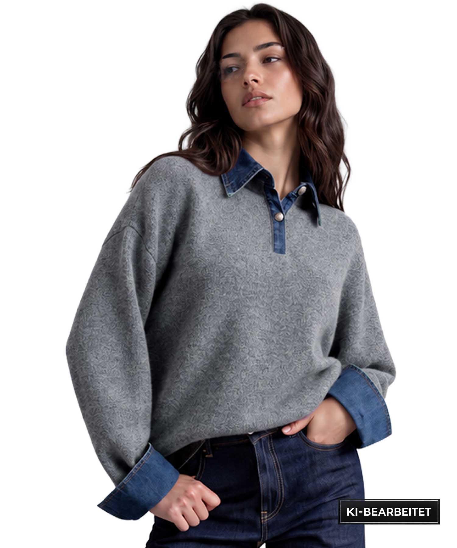 Leo & Ugo Wollpullover in Grau mit Denim-Details | Modehaus Wörmann