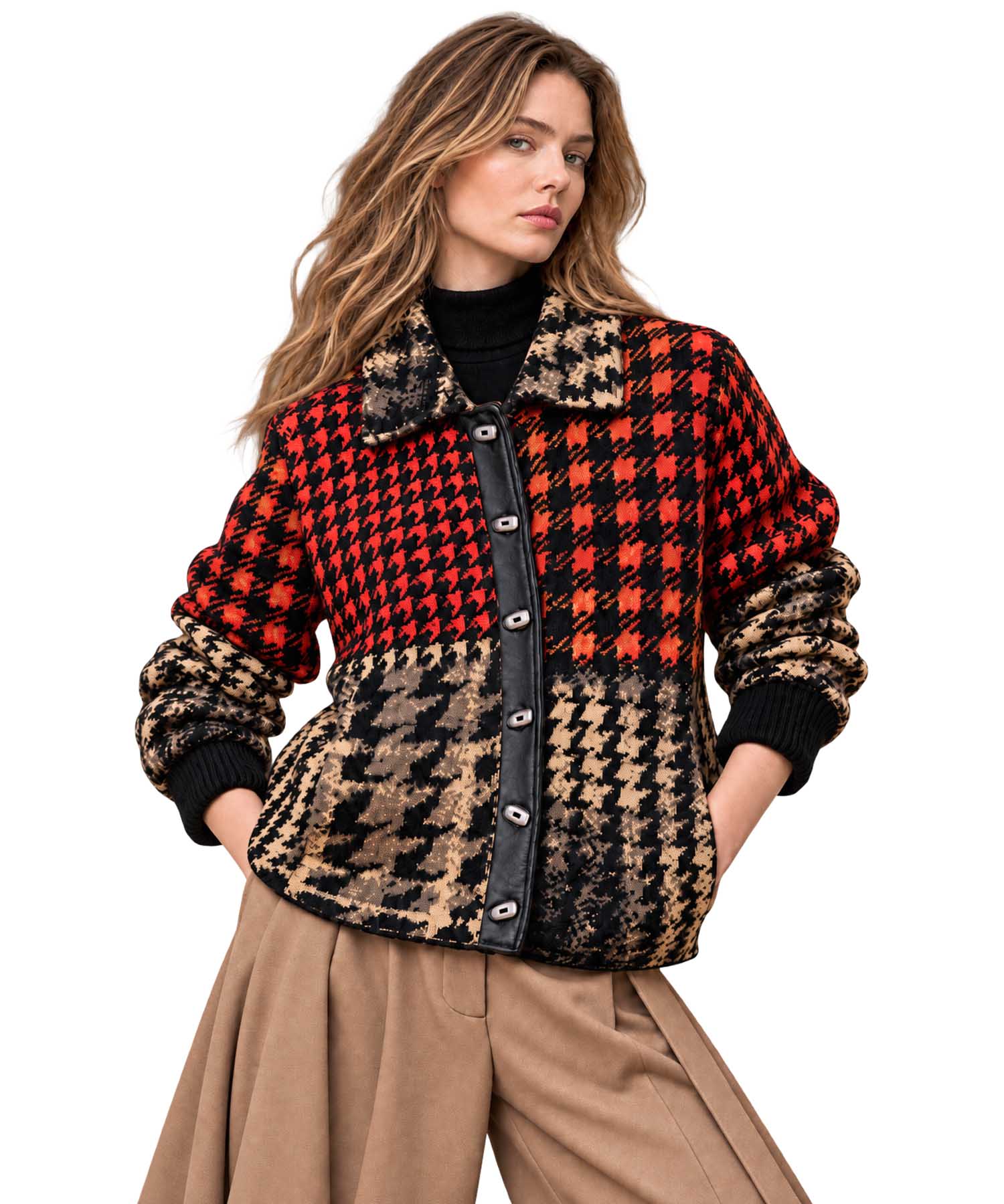 Aldo Martins Jacquard-Strick-Jacke Hahnentritt in Schwarz, Rot & Braun | Modehaus Wörmann