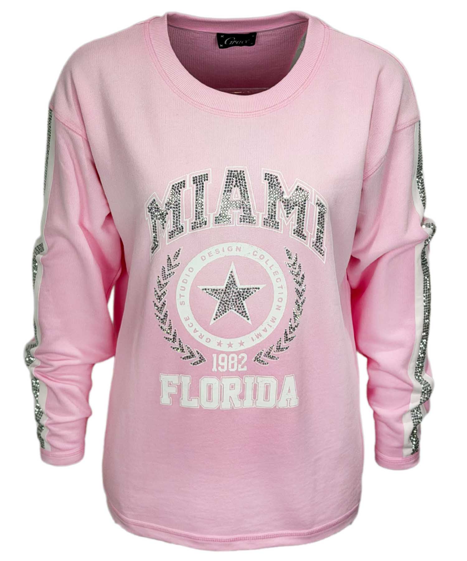 Grace Sweatshirt mit „Miami - Florida“-Schriftzug und Strassdetails in rosé