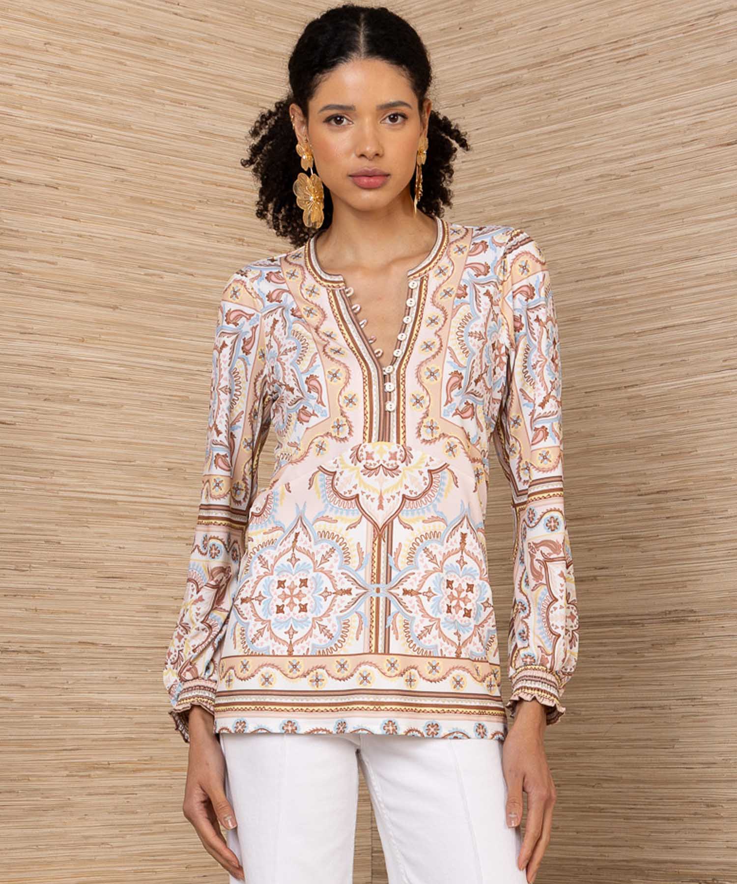 Hale Bob Bluse „Lutz“ – Grafischer Print in Beige- mit Blautönen