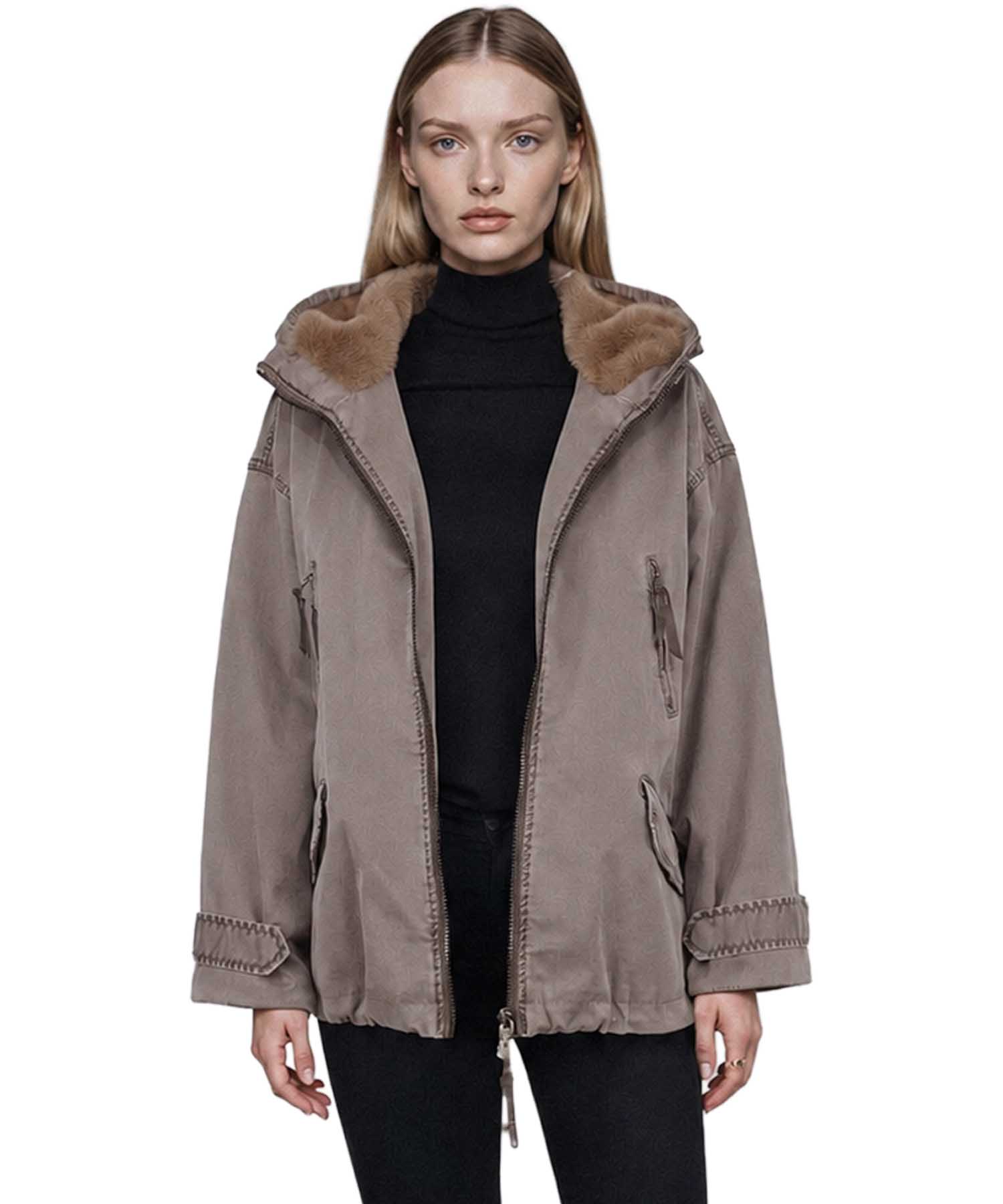 Blonde No. 8 Jacke Bella in Taupe mit Webpelz-Kapuze