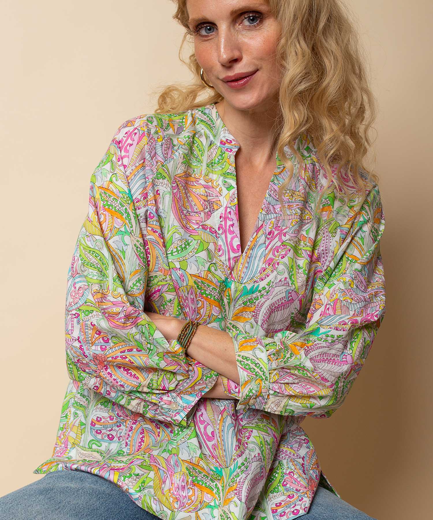Emily van den Bergh Tunika Bluse aus reiner Baumwolle mit Multicolour Print | Modehaus Wörmann