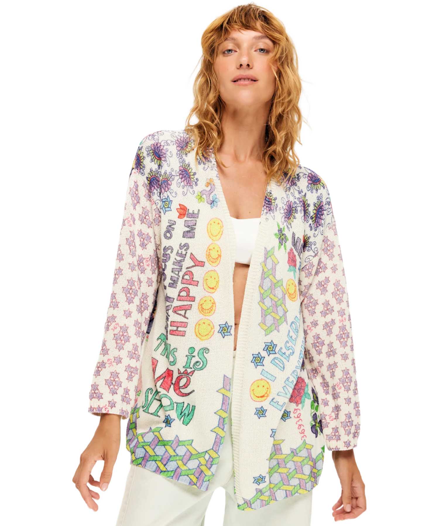 ME369 Mykonos Markers Cardigan – farbenfrohe Statement-Strickjacke mit künstlerischem Charakter