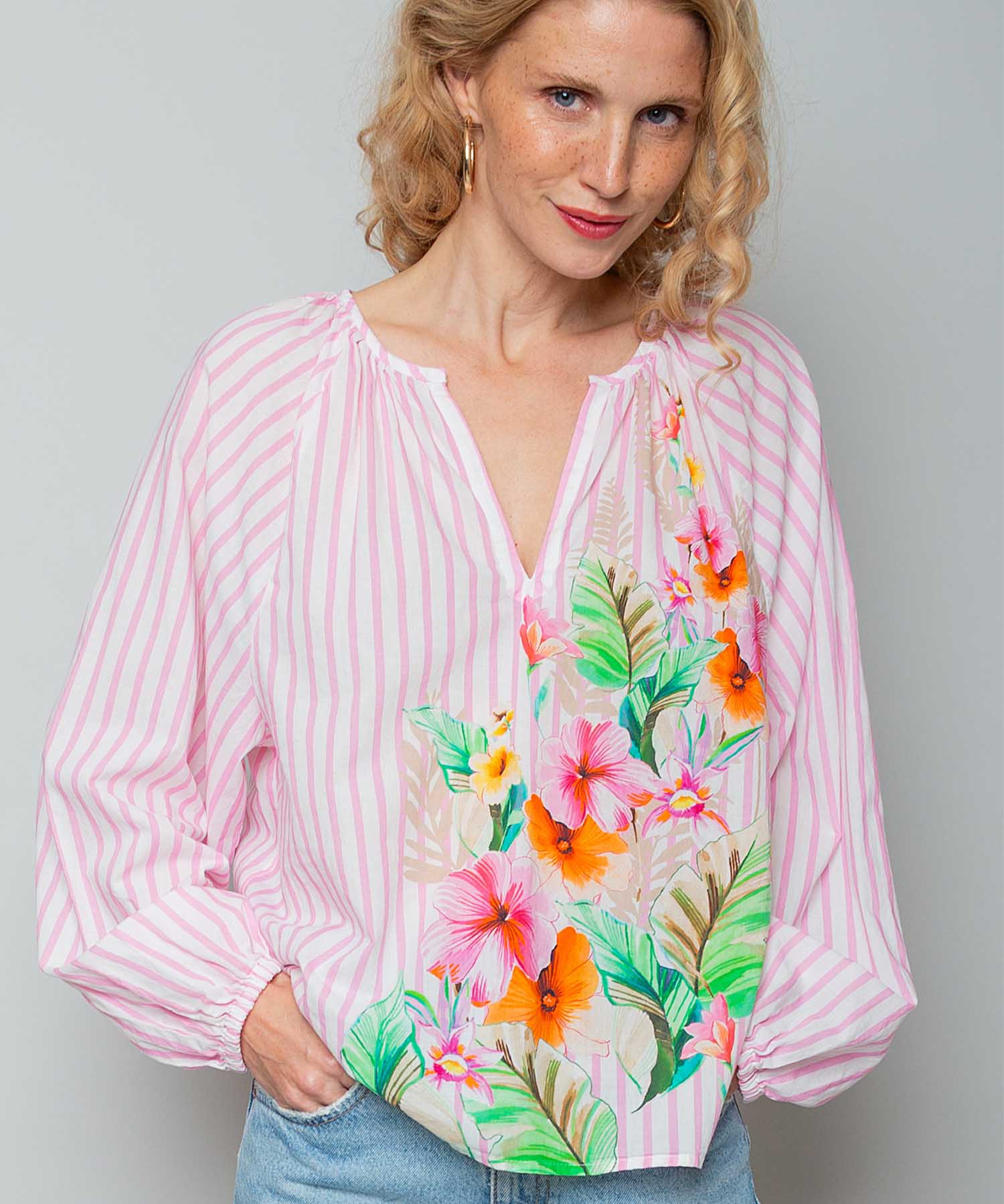 Emily van den Bergh Damenbluse mit Streifen und Flower-Print