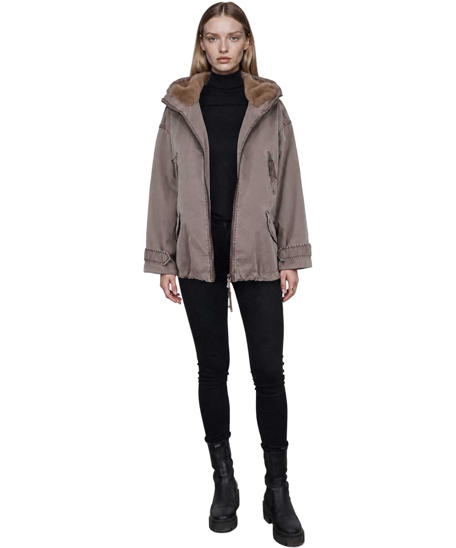Blonde No. 8 Jacke Bella in Taupe mit Webpelz-Kapuze